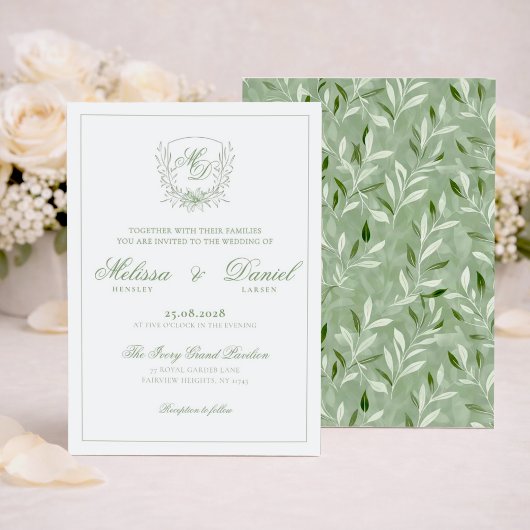 Elegant Sage Green Botanical Crest Wedding 招待状