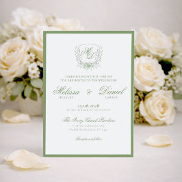 Elegant Sage Green Botanical Crest Wedding 招待状