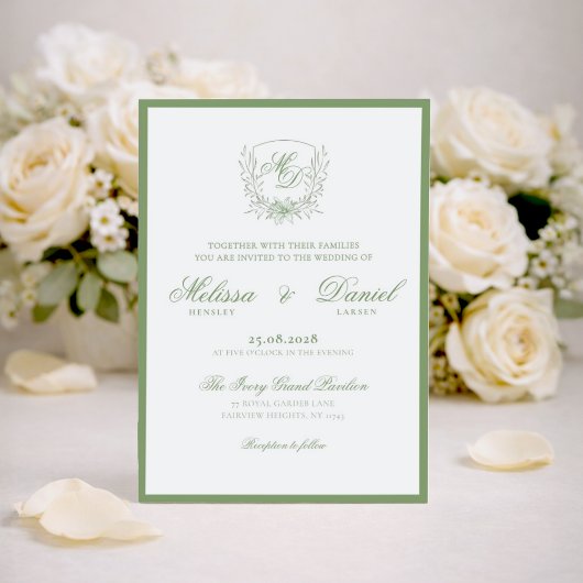Elegant Sage Green Botanical Crest Wedding 招待状