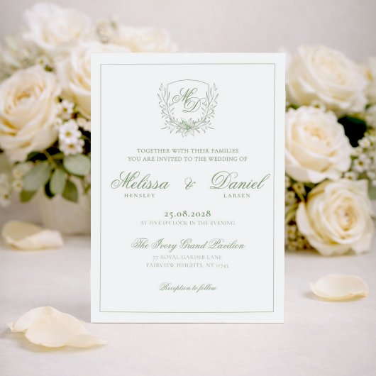 Elegant Sage Green Botanical Crest Wedding 招待状