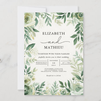 Elegant Sage Green Botanical Floral Wedding 招待状