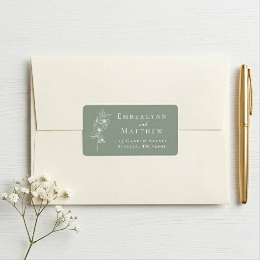 Elegant Sage Green Botanical Wedding Address ラベル