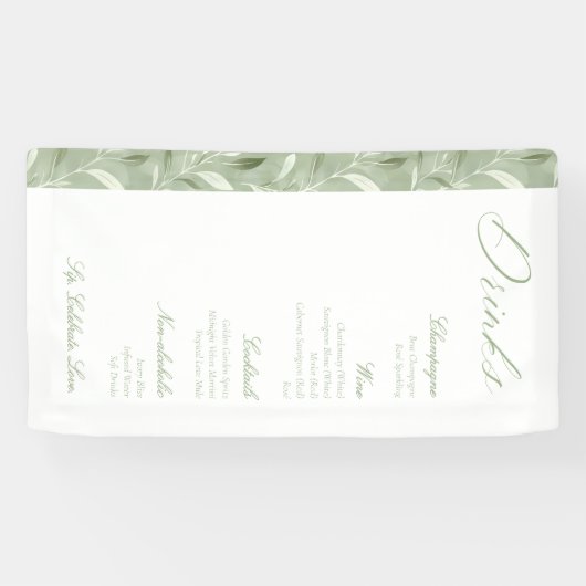 Elegant Sage Green Botanical Wedding Drinks Menu  横断幕 (横)