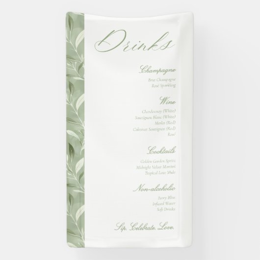 Elegant Sage Green Botanical Wedding Drinks Menu 横断幕 (縦)