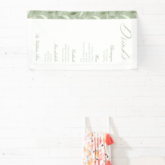 Elegant Sage Green Botanical Wedding Drinks Menu  横断幕 (インサイチュ)