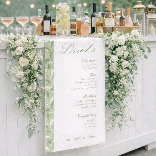Elegant Sage Green Botanical Wedding Drinks Menu 横断幕