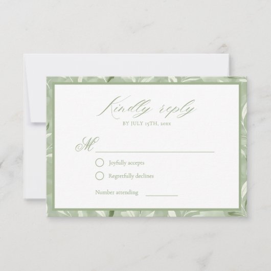 Elegant Sage Green Botanical Wedding RSVP Card (正面)