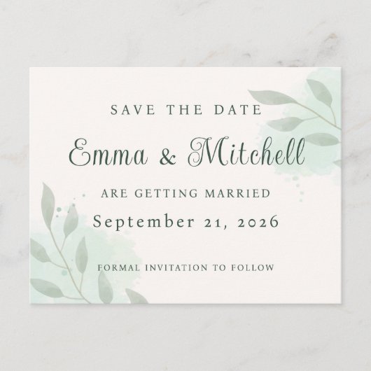 Elegant Sage Green Botanical Wedding Save the Date 案内ポストカード (正面)