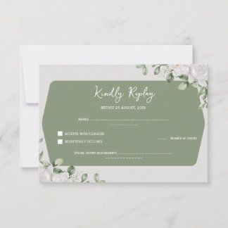 Elegant Sage Green Botanical White Floral Wedding 出欠カード