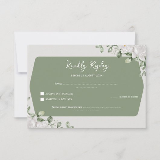 Elegant Sage Green Botanical White Floral Wedding 出欠カード (正面)