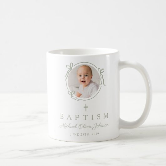 Elegant Sage Green Bow Boy Photo Baptism コーヒーマグカップ (右)