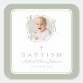 Elegant Sage Green Bow Boy Photo Baptism スクエアシール (正面)