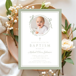 Elegant Sage Green Bow Boy Photo Baptism 招待状