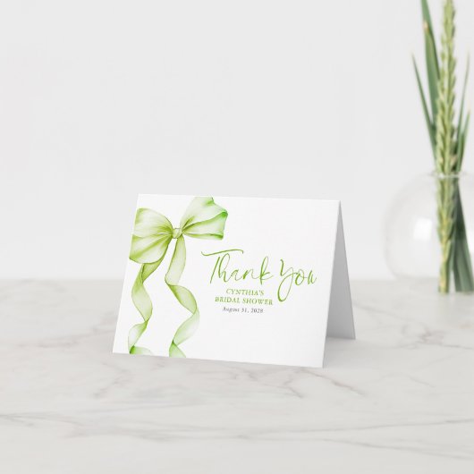 Elegant Sage Green Bow Bridal Shower Thank You サンキューカード (正面)