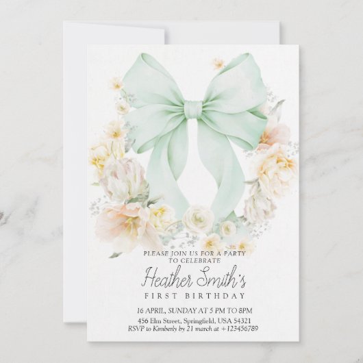Elegant Sage Green Bow Floral First Birthday 招待状 (正面)