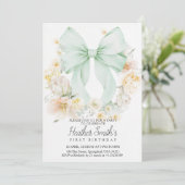 Elegant Sage Green Bow Floral First Birthday 招待状 (スタンド正面)