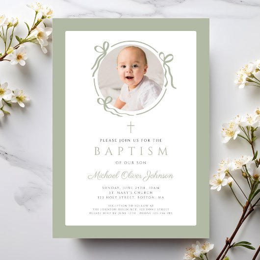 Elegant Sage Green Bow Photo Baptism 招待状