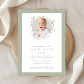 Elegant Sage Green Bow Photo Baptism 招待状