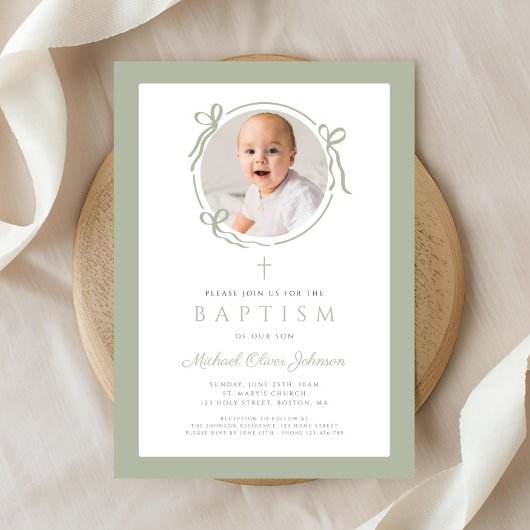 Elegant Sage Green Bow Photo Baptism 招待状