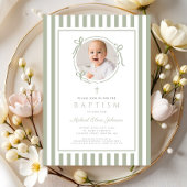 Elegant Sage Green Bow Photo Boy Baptism 招待状