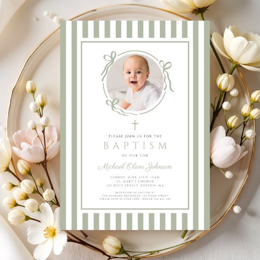 Elegant Sage Green Bow Photo Boy Baptism 招待状