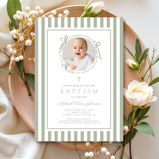 Elegant Sage Green Bow Photo Boy Baptism 招待状