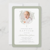 Elegant Sage Green Bow Photo Boy Baptism 招待状 (正面)