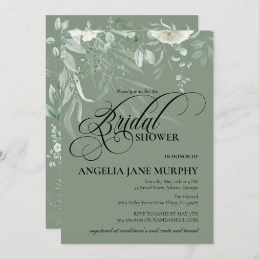 Elegant Sage Green Bridal Shower Invitation 招待状 (正面/裏面)