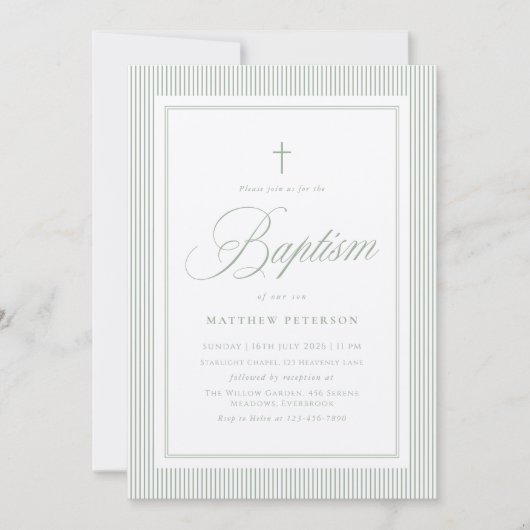 Elegant Sage Green Calligraphy Baptism 招待状 (正面)