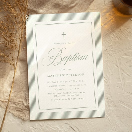Elegant Sage Green Calligraphy Baptism 招待状