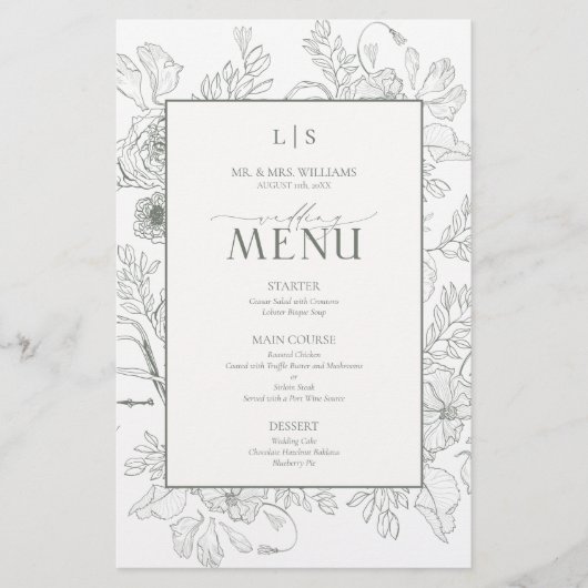 Elegant Sage Green Calligraphy Monogram Menu Card (正面)