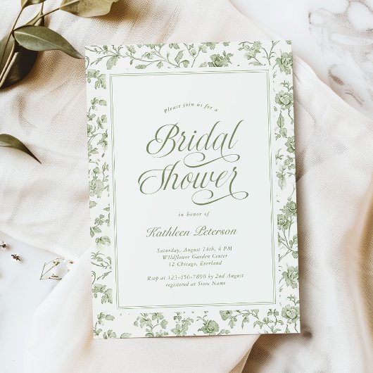 Elegant Sage Green Chinoiserie Bridal Shower 招待状