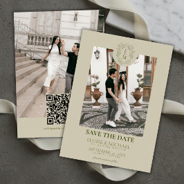 Elegant Sage Green Crest Monogram Save The Date  招待状