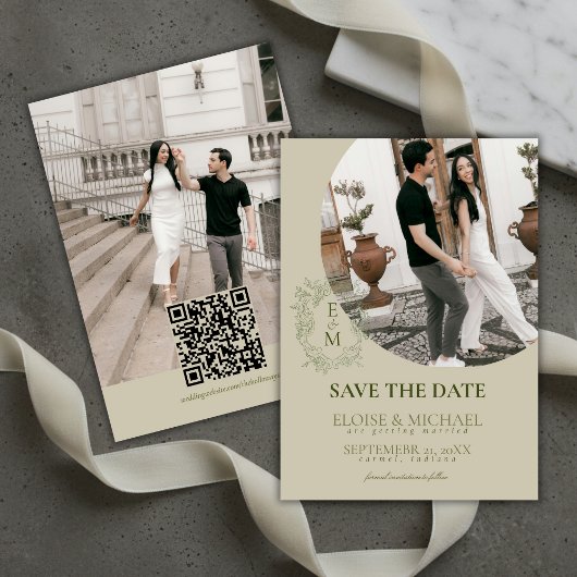 Elegant Sage Green Crest Monogram Save The Date  招待状