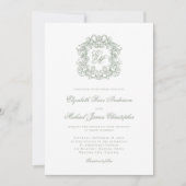 Elegant Sage Green Crest Monogram Wedding 招待状 (正面)