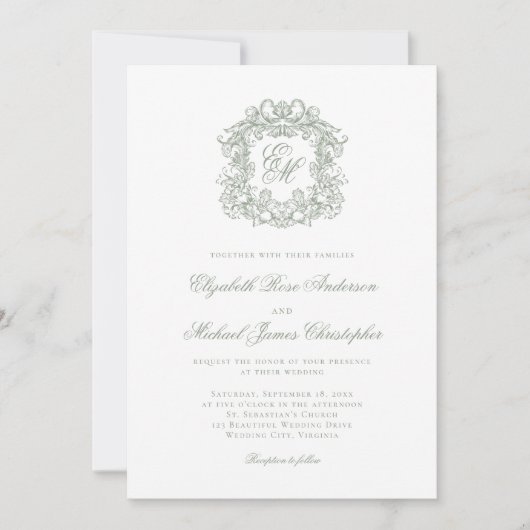 Elegant Sage Green Crest Monogram Wedding 招待状 (正面)