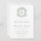 Elegant Sage Green Crest Monogram Wedding 招待状 (正面)