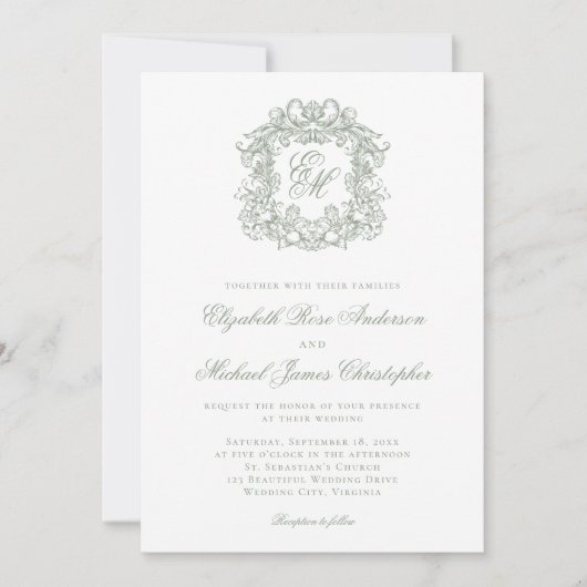Elegant Sage Green Crest Monogram Wedding 招待状 (正面)