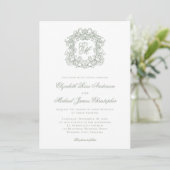 Elegant Sage Green Crest Monogram Wedding 招待状 (スタンド正面)