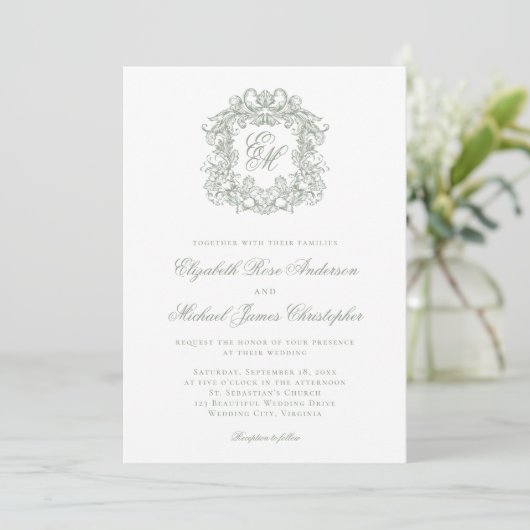 Elegant Sage Green Crest Monogram Wedding 招待状 (スタンド正面)