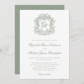 Elegant Sage Green Crest Monogram Wedding 招待状 (正面/裏面)
