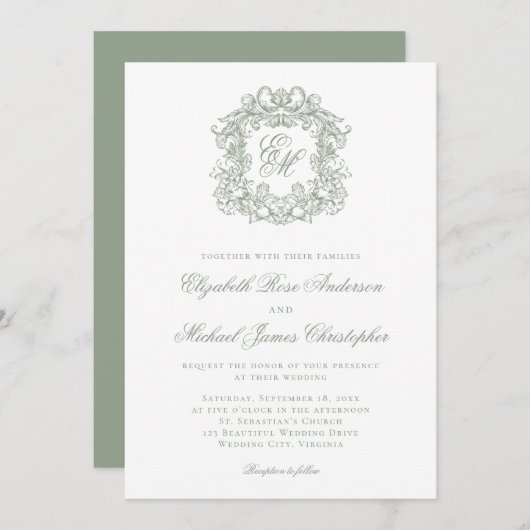 Elegant Sage Green Crest Monogram Wedding 招待状 (正面/裏面)