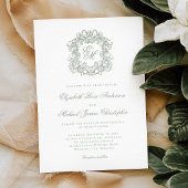 Elegant Sage Green Crest Monogram Wedding 招待状