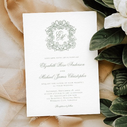 Elegant Sage Green Crest Monogram Wedding 招待状