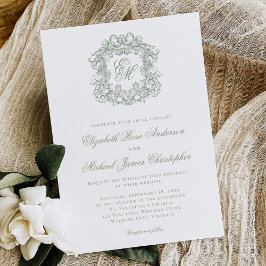 Elegant Sage Green Crest Monogram Wedding 招待状