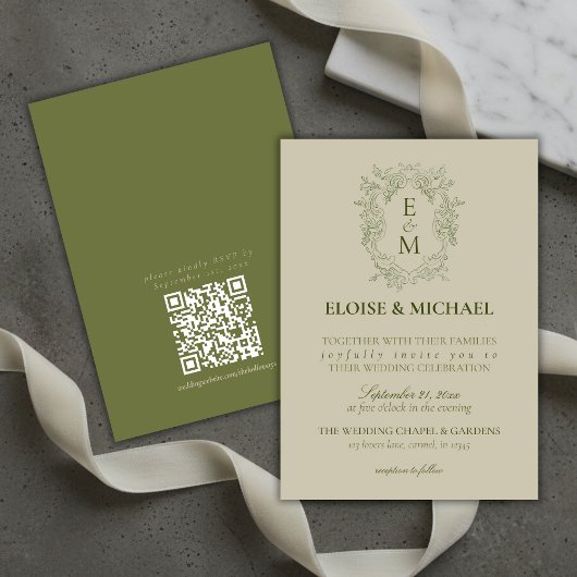 Elegant Sage Green Crest Monogram Wedding 招待状