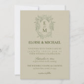 Elegant Sage Green Crest Monogram Wedding 招待状 (正面)