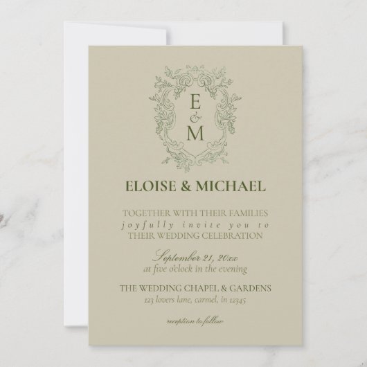 Elegant Sage Green Crest Monogram Wedding 招待状 (正面)
