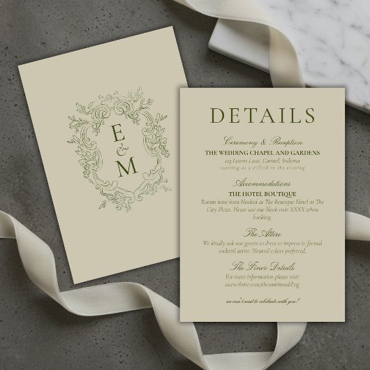 Elegant Sage Green Crest Monogram Wedding Details エンクロージャーカード