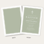 Elegant Sage Green Cross Baby Boy Baptism 招待状